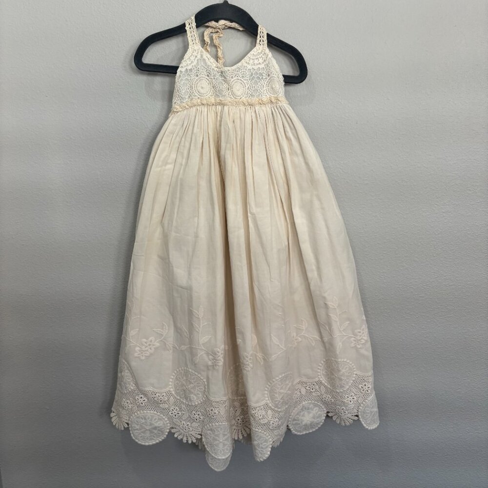 Elestory cream halter lined dress, lace top, embroidery lacey skirt